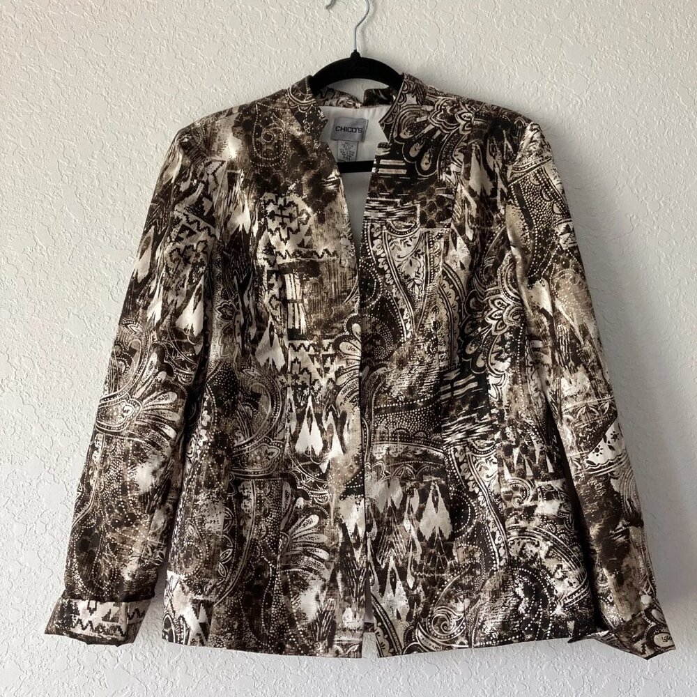 Chicos 0 Casual Jacket US Sz Small Brown Geometric Cotton Silk Blend Lined